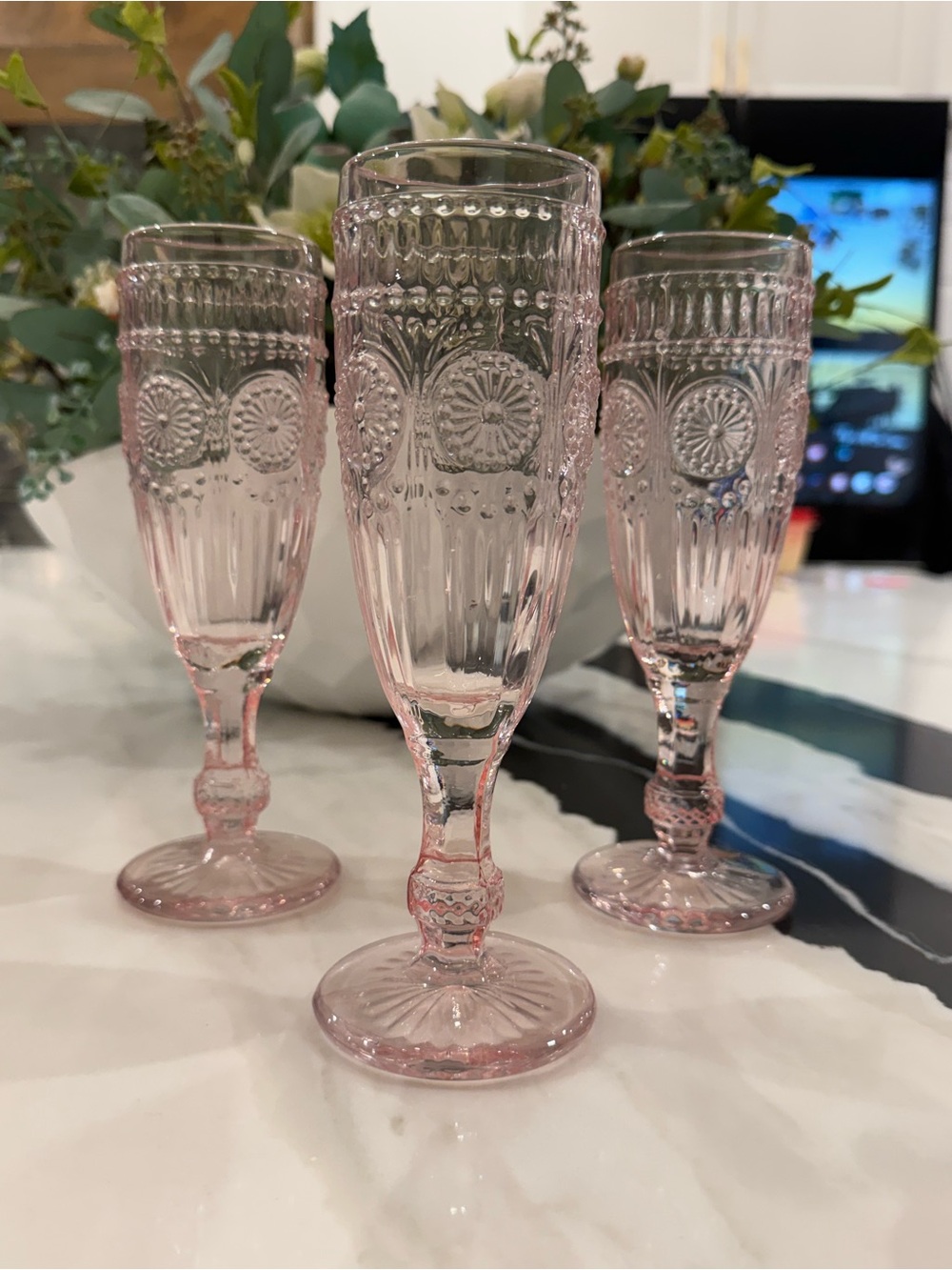 Set of 3 Vintage Pink Pressed Glass Champagne Flutes